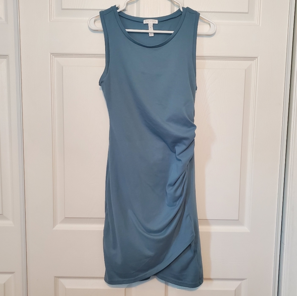Leith Ruched Body-Con Sleeveless Dress Blue Tulip Hem Cotton Blend Size M